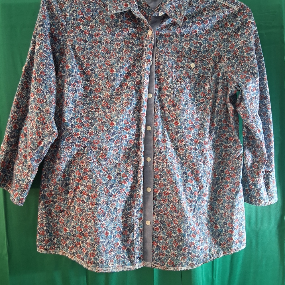 TOMMY HILFIGER WOMEN'S BLUE/WHITE FLORAL BUTTON DOWN SHIRT 100% COTTON SIZE L